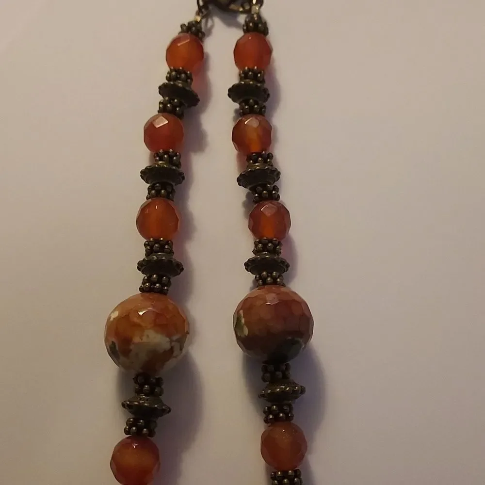 Handmade boho necklace beaded rust brown and bronze collar charm pendant